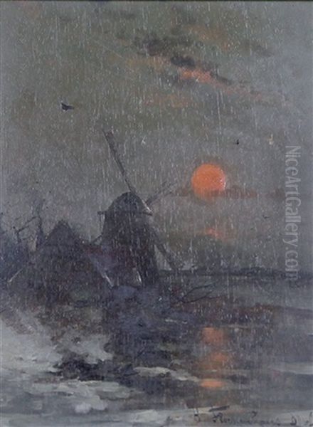 Coucher De Soleil Au Moulin Oil Painting by Heinz Flockenhaus