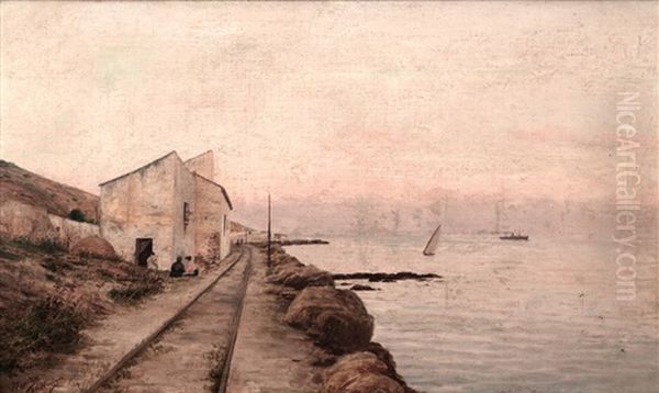 Jovenes En La Costa, Junto A La Via Del Tren Oil Painting by Enrique Florido Bernils