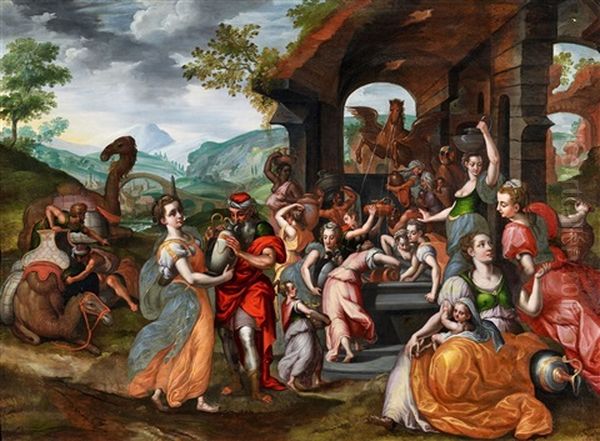 Rebecca And Eliezer At The Well Oil Painting by Frans Floris