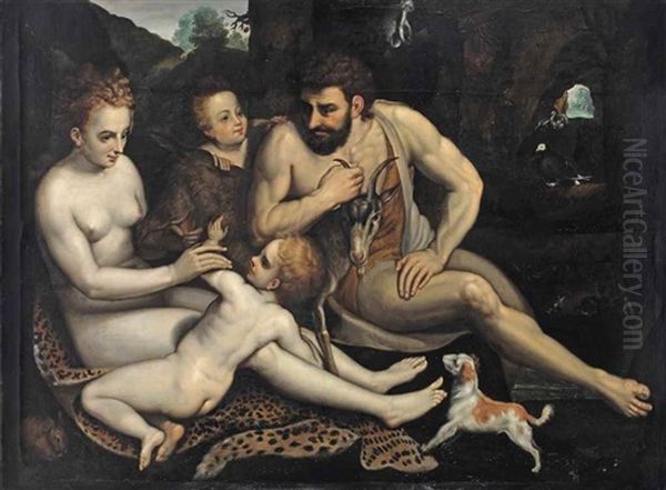 Adam And Eve With Their Children Cain And Abel, The Scene Of The Expulsion From The Garden Of Eden Beyond Oil Painting by Frans Floris