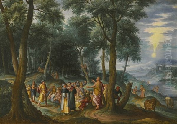 St John The Baptist Preaching With The Baptism Of Christ Beyond Oil Painting by Frans Floris