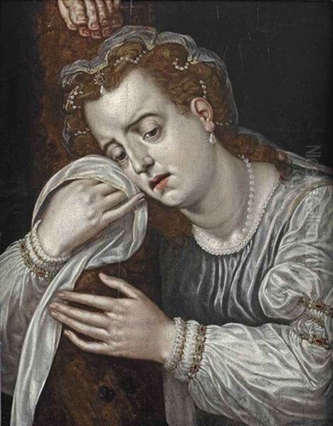 Mary Magdalene In Sorrow At The Foot Of The Cross Oil Painting by Frans Floris