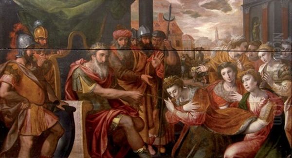 Esther Devant Assuerus; A L'arriere Plan L'execution Du Ministre Aman Oil Painting by Frans Floris