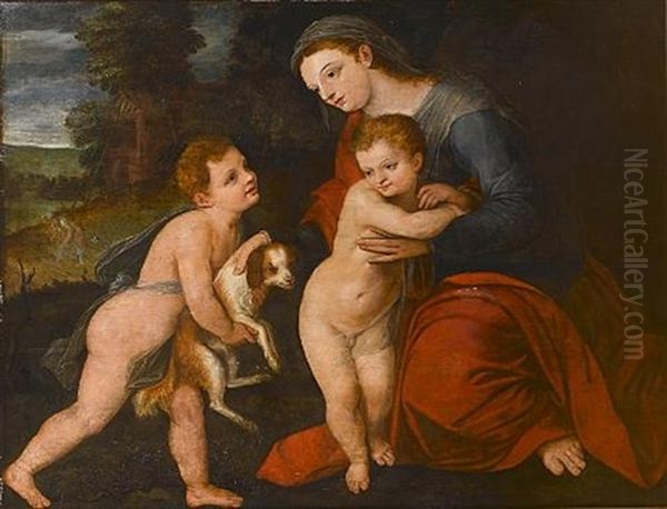The Madonna And Child With An Infant Offering A Dog, Saint Joseph Before A House In A Landscape Beyond Oil Painting by Frans Floris