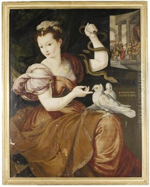 An Allegory Of Innocence Or Prudence With A Woman Holding Two Serpents And Two Doves On Her Knee, With Christ Before Pilate Beyond Oil Painting by Frans Floris