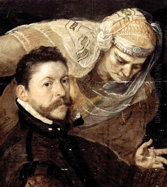 Portrait Of An Artist, Head And Shoulders, With A Muse Watching Over His Shoulder Oil Painting by Frans Floris