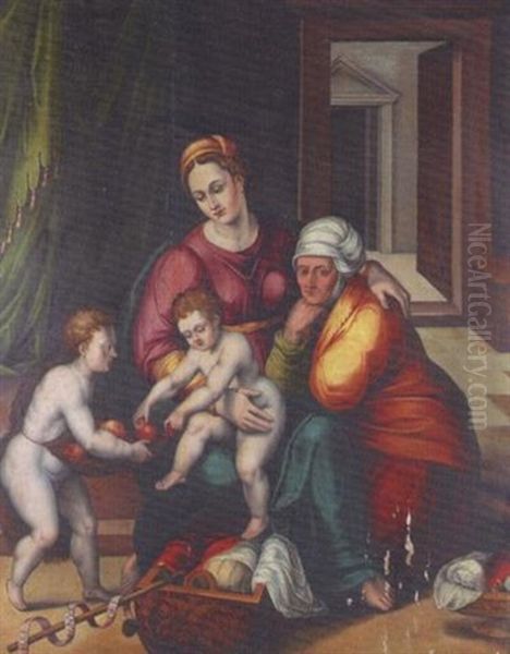 La Vierge, L'enfant, Sainte Elisabeth Et Le Jeune Saint Jean Dans Un Interieur Oil Painting by Frans Floris