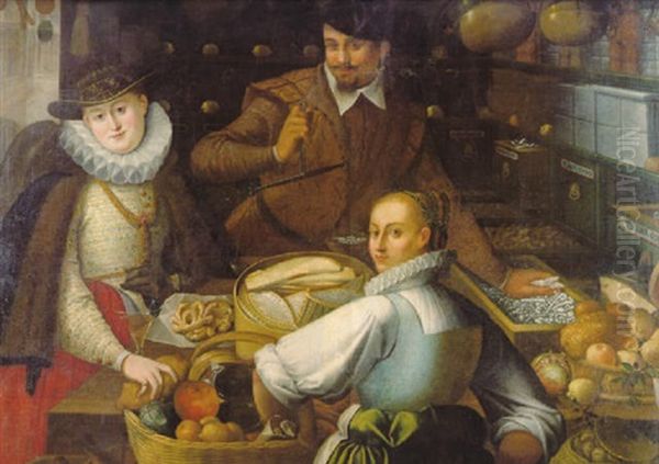 Vornehme Dame Mit Ihrer Dienerin Beim Einkauf In Einem Kramerladen Oil Painting by Frans Floris