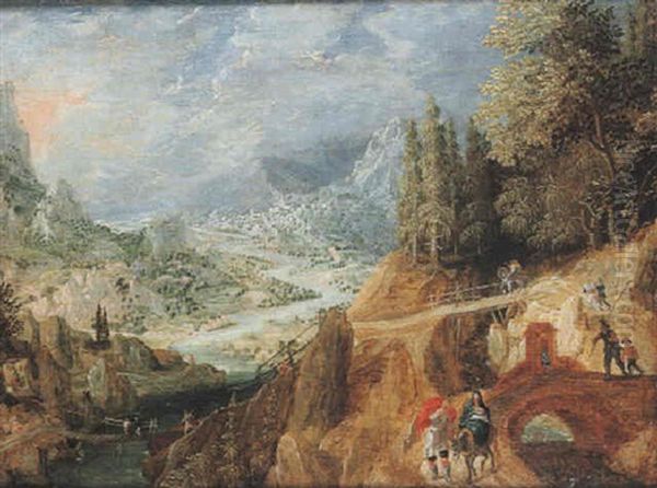 Paysage De La Vallee Du Rhin Avec La Fuite En Egypte Oil Painting by Frans Floris