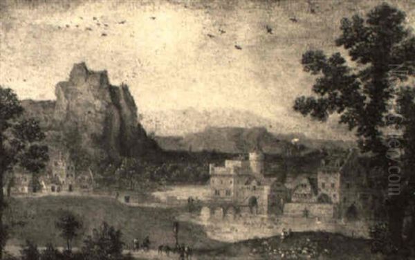 A View Of A Castle By A Lake With Shepherds An Sheep In A Meadow Oil Painting by Frans Floris