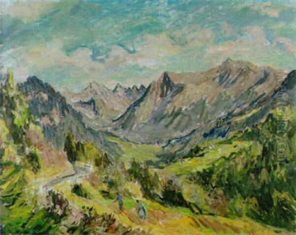 Bauernpaar In Sommerlicher Gebirgslandschaft Oil Painting by Johann Peter Flueck