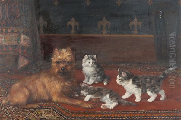 Foxterrier Mit Drei Jungen Katzchen Oil Painting by Burkhard Flury