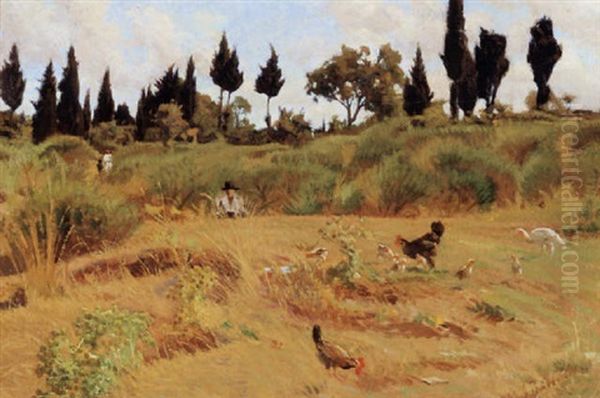 Paesaggio Con Figure E Galline Oil Painting by Ruggero Focardi