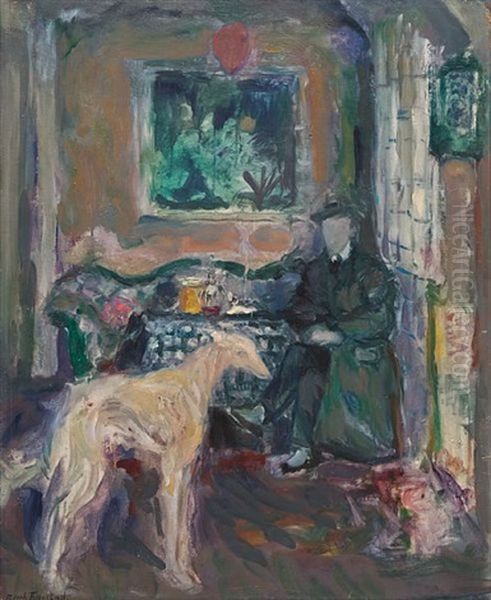 Interior Med Mann Og Hund Oil Painting by Bernhard Folkestad