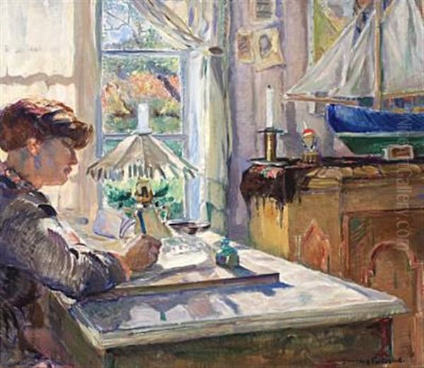 Interior Med Skrivende Kvinne Oil Painting by Bernhard Folkestad