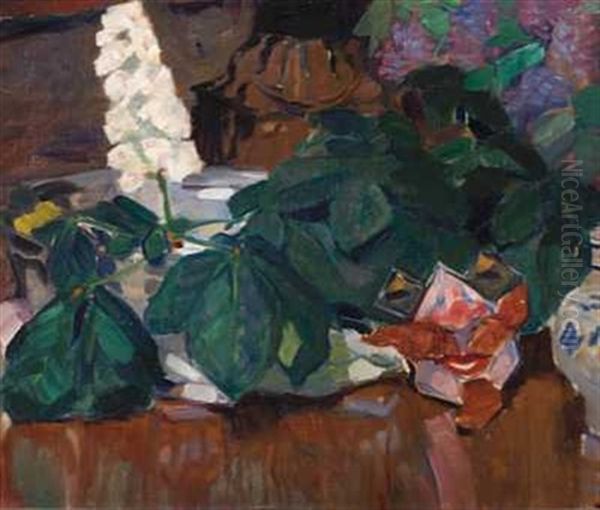 Stilleben Med Blomster Og Krukke Oil Painting by Bernhard Folkestad