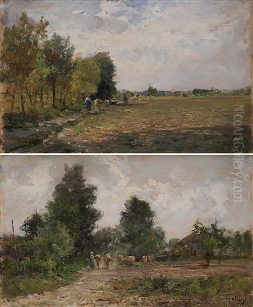 Scorcio Di Campagna Con Contadini E Mucche Oil Painting by Carlo Follini