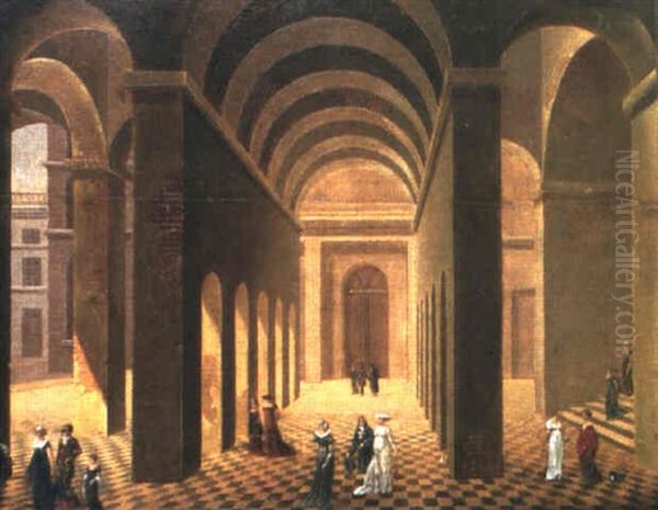 Architecture En Perspective Et Personnages Oil Painting by Pierre Francois Leonard Fontaine