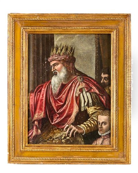 A King With Some Court Members In Front Of A Curtain Oil Painting by Lavinia Fontana