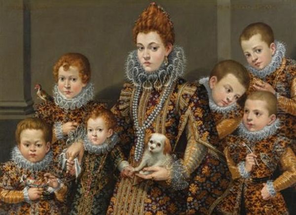 Portrait Of Bianca Degli Utili Maselli, Half Length, In An Interior, Holding A Dog And Surrounded By Six Of Her Children Oil Painting by Lavinia Fontana