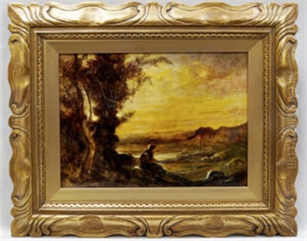 Shepherdess Overlooking Her Flock In A Sunset Landscape Oil Painting by Antonio Fontanesi