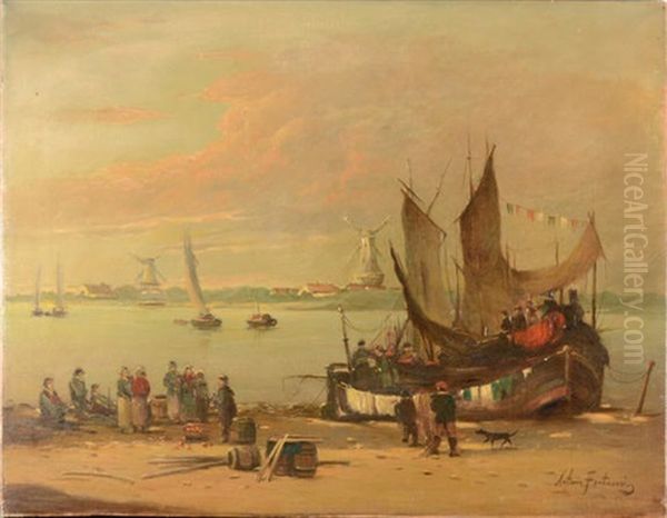 Harbor Scene With Fishing Boat Oil Painting by Antonio Fontanesi