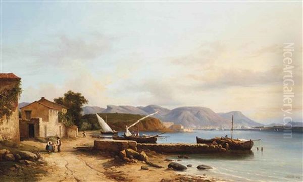 Figures Conversing At A Fishing Village Oil Painting by Nicolas-Victor Fonville