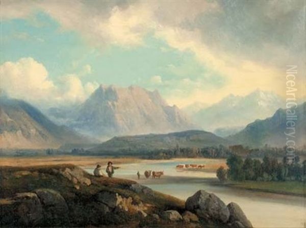 Troupeau Dans Un Gue Au Pied Des Montagnes Oil Painting by Nicolas-Victor Fonville
