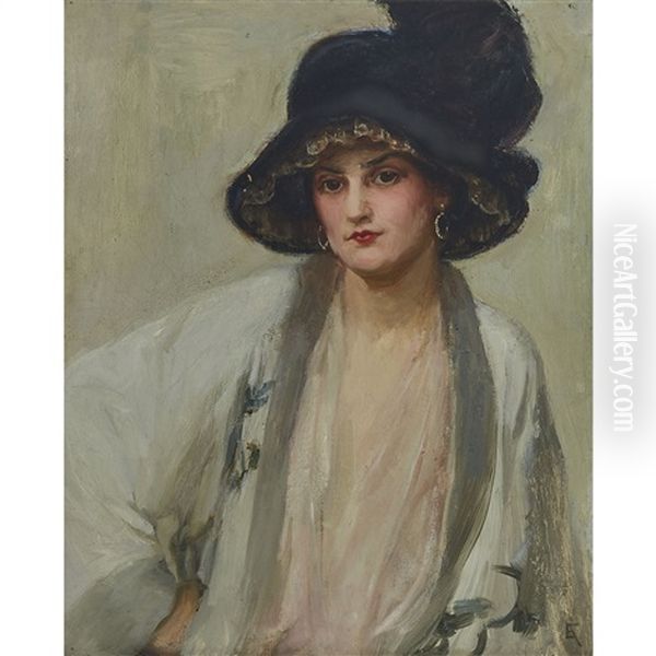 Lady In A Black Hat Wearing A Japanese Kimono Oil Painting by Elizabeth Stanhope Forbes
