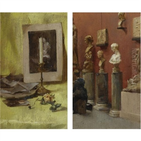 Museum Interior (+ Still Life With A Candle; 2 Works) Oil Painting by Elizabeth Stanhope Forbes