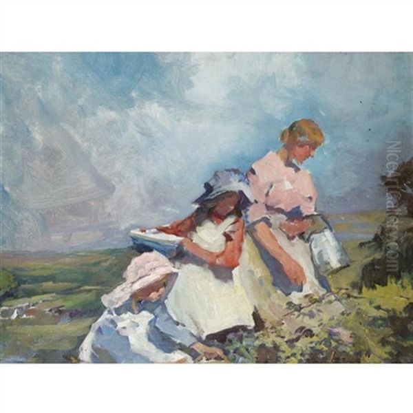 Study For 'blackberry Gatherers' Oil Painting by Elizabeth Stanhope Forbes