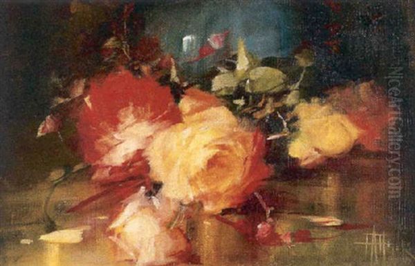 Still Life Of Roses To Be Arranged In A Blue Vase Oil Painting by Elizabeth Stanhope Forbes