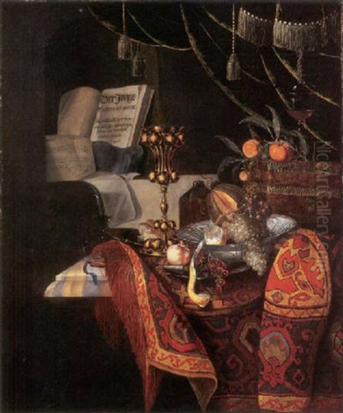 A Bowl Of Grapes, With A Melon , Lemons In A Porcelain Bowl, An Ornamental Vase, A Pocket Watch, A Goblet And Oranges On A Table, With A Book Before A Curtain Oil Painting by Pieter Forbes