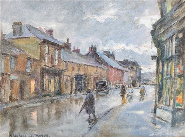 Rainy Street Scene Oil Painting by Stanhope Alexander Forbes