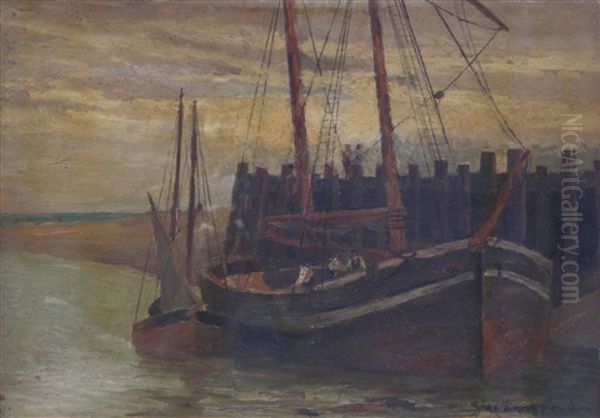 Fishing Boats At A Dock Side Oil Painting by Stanhope Alexander Forbes