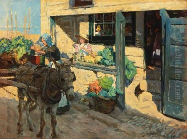 Sunshine And Shadow: The Village Shop Above Newlyn Harbour Oil Painting by Stanhope Alexander Forbes