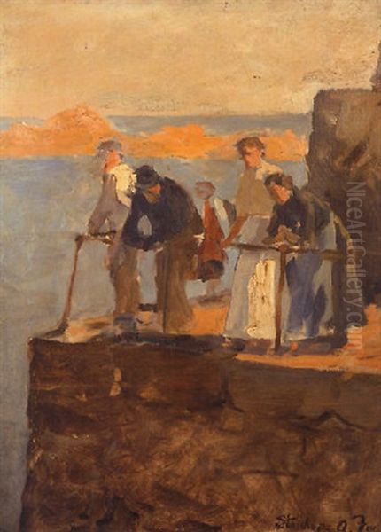 On The Harbour Wall, Mousehole Oil Painting by Stanhope Alexander Forbes