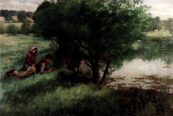 Sommarlandskap Med Pojke Och Flicka Vid Flod Oil Painting by Stanhope Alexander Forbes