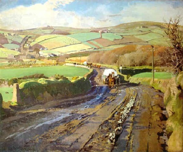 A Cornish Landscape With A Farmer Leading His Horses On A Country Lane Oil Painting by Stanhope Alexander Forbes