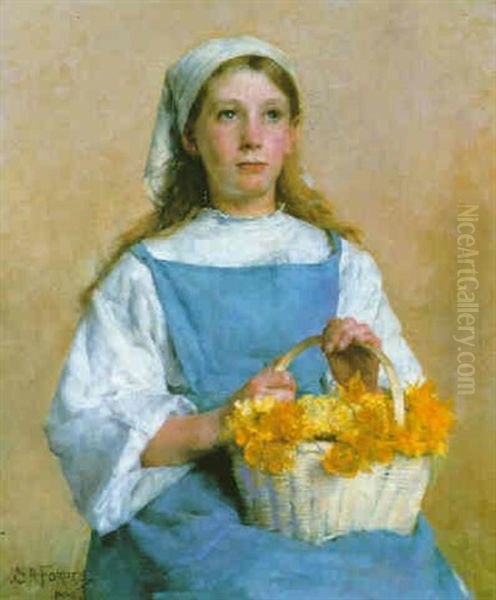 Young Breton Girl With A Basket Of Daffodils Oil Painting by Stanhope Alexander Forbes