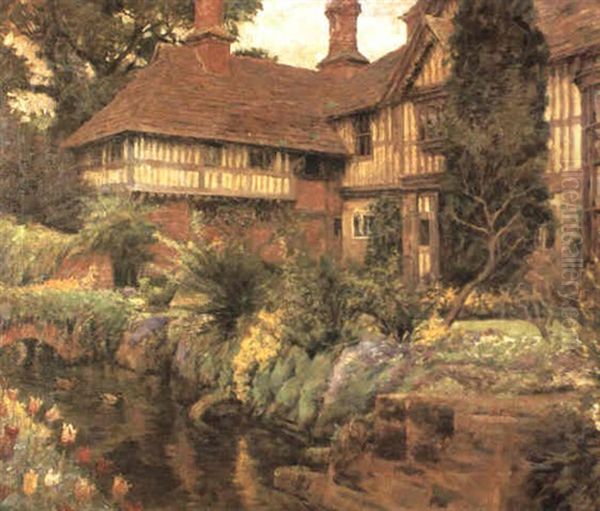 Crowherst Place, Surrey: The West Front Seen From Across The Moat Oil Painting by Stanhope Alexander Forbes