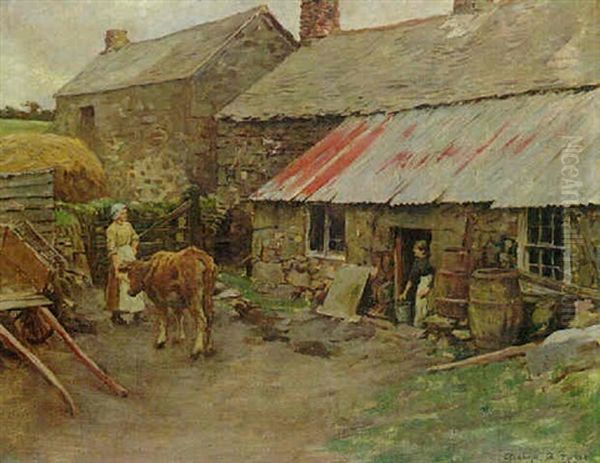 A Cornish Farmyard Oil Painting by Stanhope Alexander Forbes