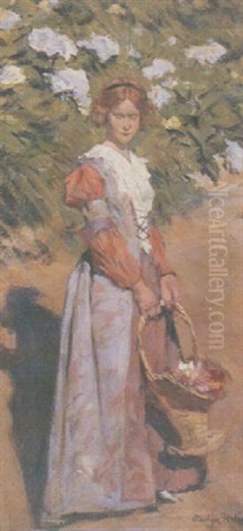 Young Girl With A Basket Of Flowers Oil Painting by Stanhope Alexander Forbes