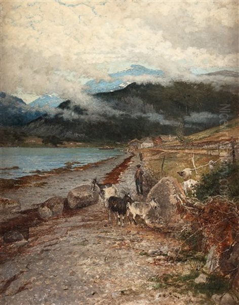 A Boy With A Heard Of Goats Oil Painting by Victor Forssell