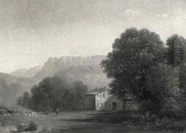 Bewaldetes Tal Mit Gehoft Vor Bergkette Oil Painting by Jean Antoine Simeon Fort