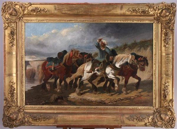 Chevaux Au Gue - Chevaux A L'ecurie (pair) Oil Painting by Theodore Fort