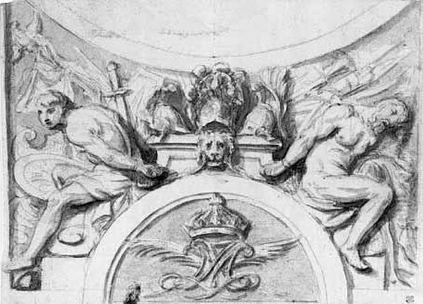 Projet De Voussure En Stuc Integrant Un Monogramme Surmonte D'une Couronne Royale Oil Painting by Claude Ii Audran
