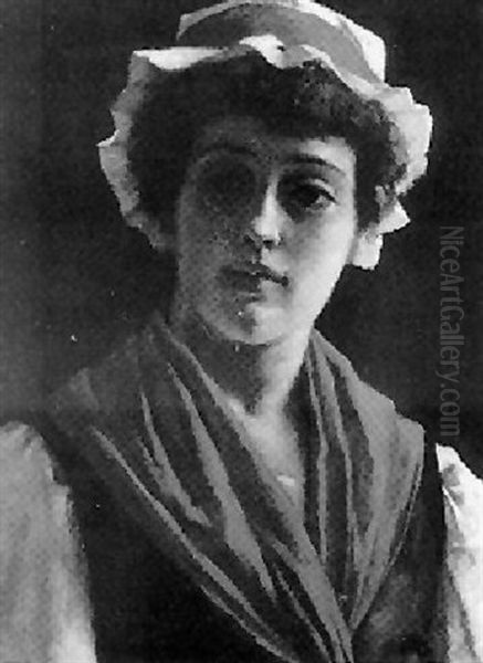 Portrait Of A Country Girl In White Cap And Red Scarf Oil Painting by William Banks Fortescue