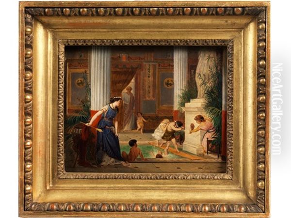 Romisch-antike Interieurszene Mit Im Bad Spielenden Kindern Oil Painting by Ettore Forti