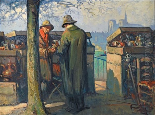 Bouquinistes Sur Les Quais De Seine A Paris Oil Painting by Louis Fortuney